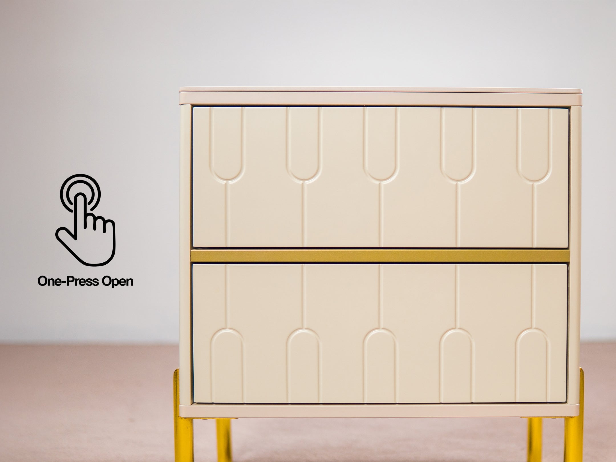 Modern Cream Nightstand with Arched Drawers & Brushed Gold Legs for Bedroom