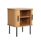 Oak Veneer Nightstand with Curved Fluted Doors & Elevated Legs for Bedroom