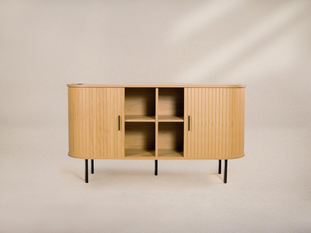 Oak Veneer Console with Fluted Design & Slide Storage for Living Room
