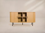 Oak Veneer Console with Fluted Design & Slide Storage for Living Room