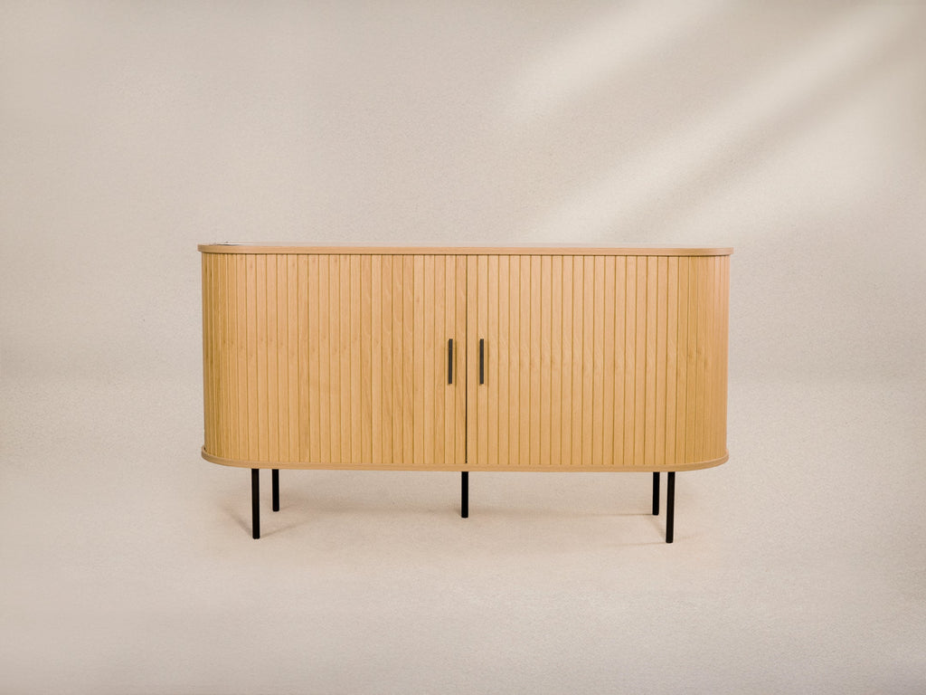 Oak Veneer Console with Fluted Design & Slide Storage for Living Room