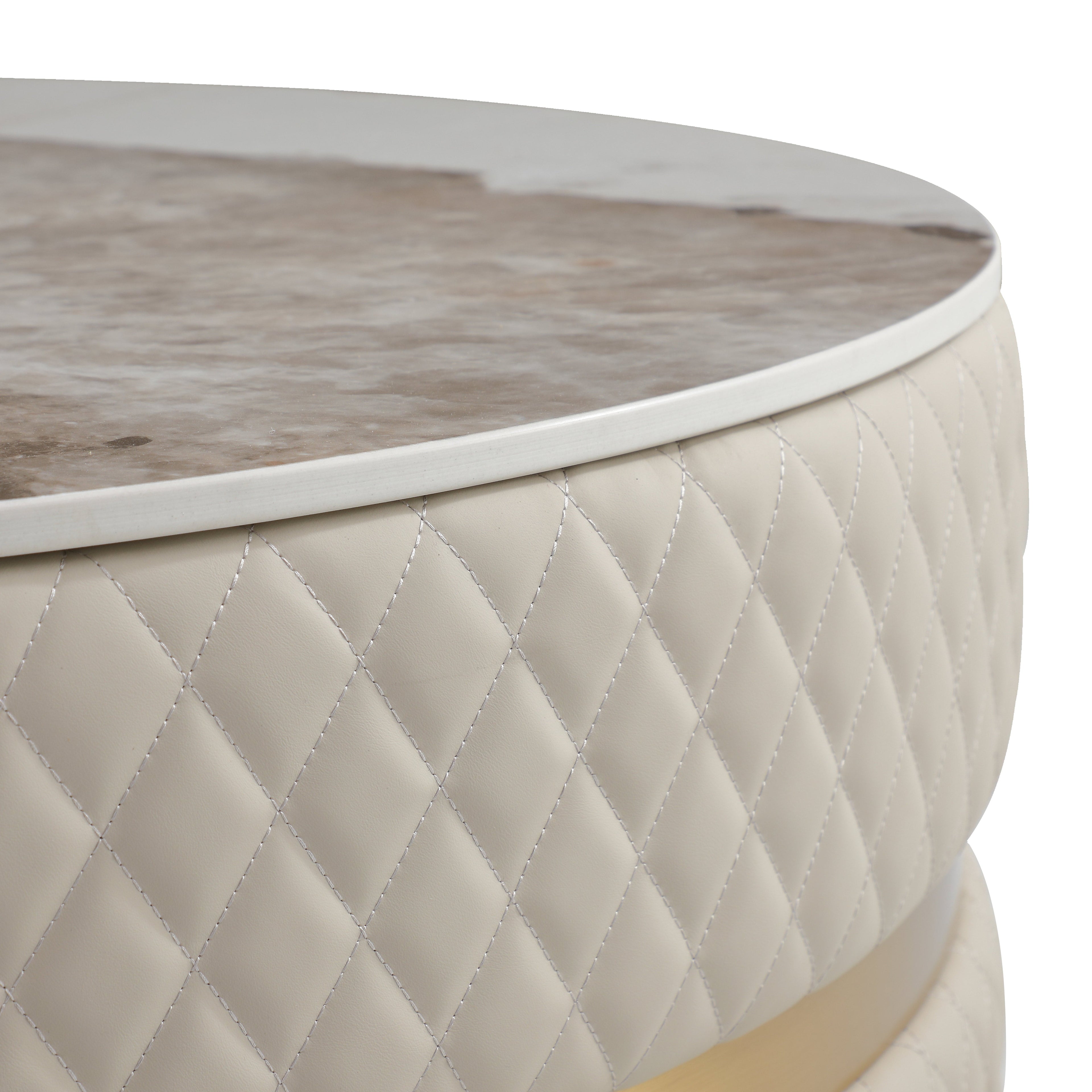 PU Leather & Ceramic End Table with Diamond-Stitch & Gold Banding for Living Room