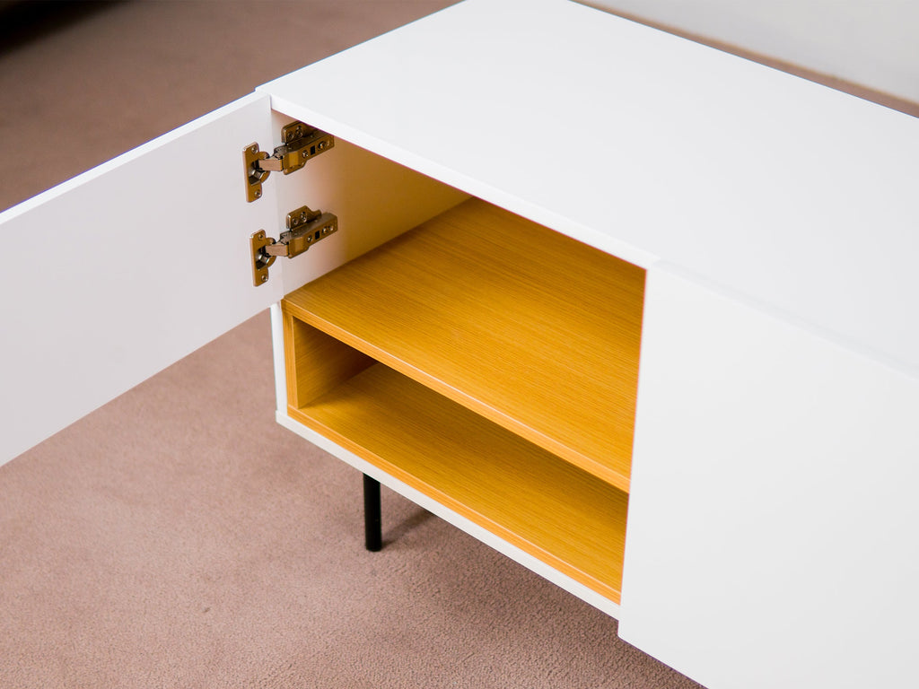 White & Oak Console TV Stand with Structured Drawers for Living Room