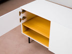White & Oak Console TV Stand with Structured Drawers for Living Room