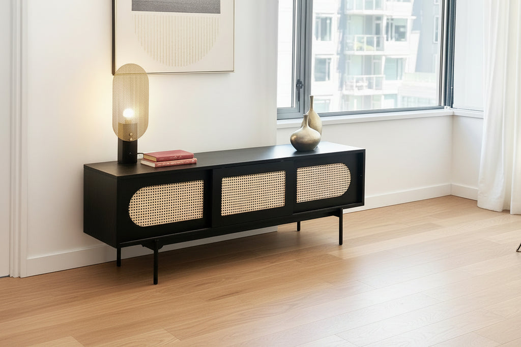 Black Oak Veneer TV Cabinet with Cane Detail & Sliding Doors for Living Room