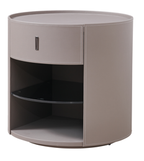 Saddle Leather Nightstand with Rounded Form & Smoke Glass Shelf for Bedroom