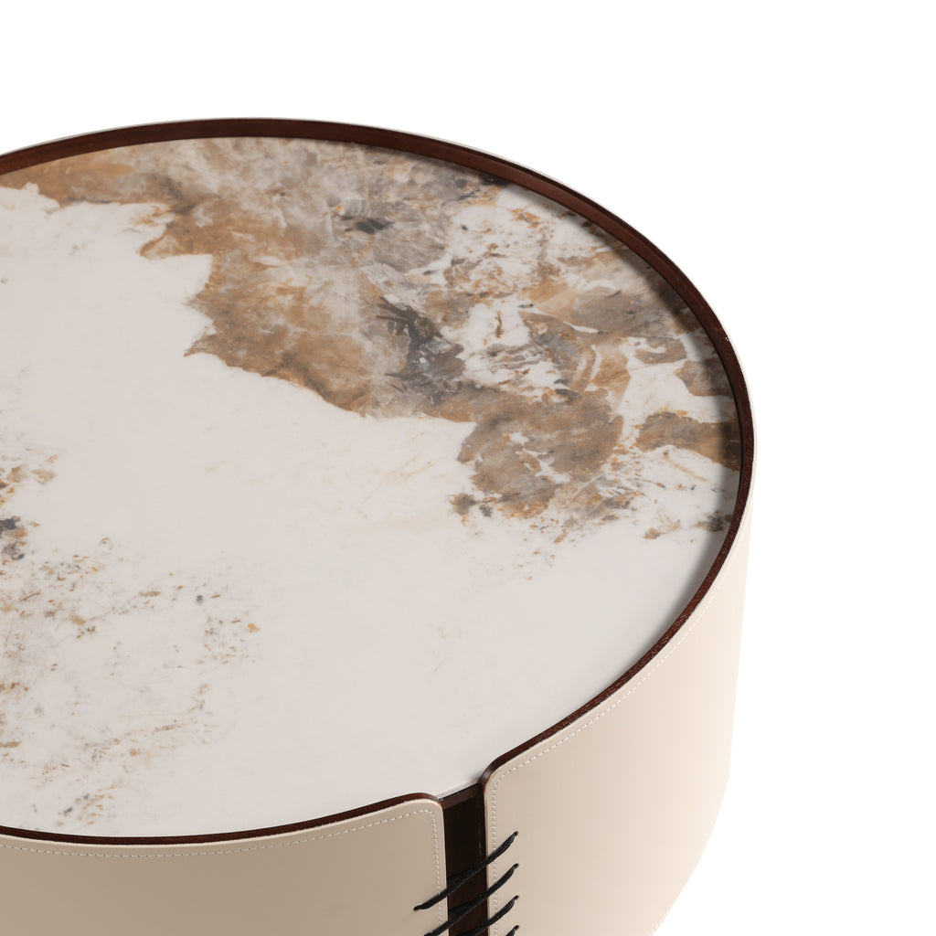 Sintered Stone & Vegan Leather Coffee Table with Dual-Tier Design for Living Room