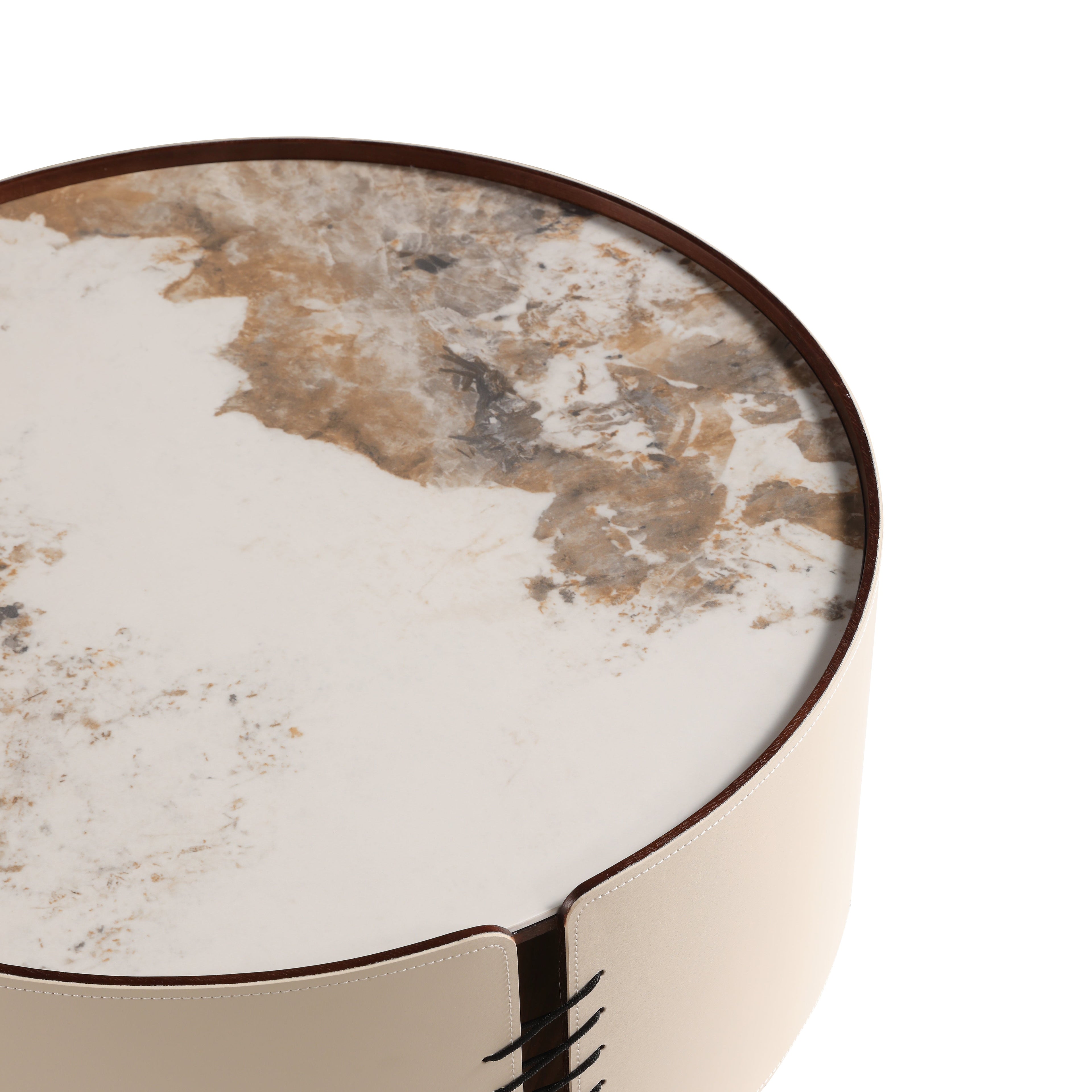 Sintered Stone & Vegan Leather Coffee Table with Dual-Tier Design for Living Room