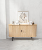 Oak Veneer Console with Fluted Design & Slide Storage for Living Room