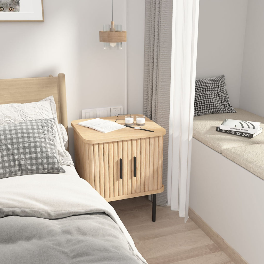 Oak Veneer Nightstand with Curved Fluted Doors & Elevated Legs for Bedroom