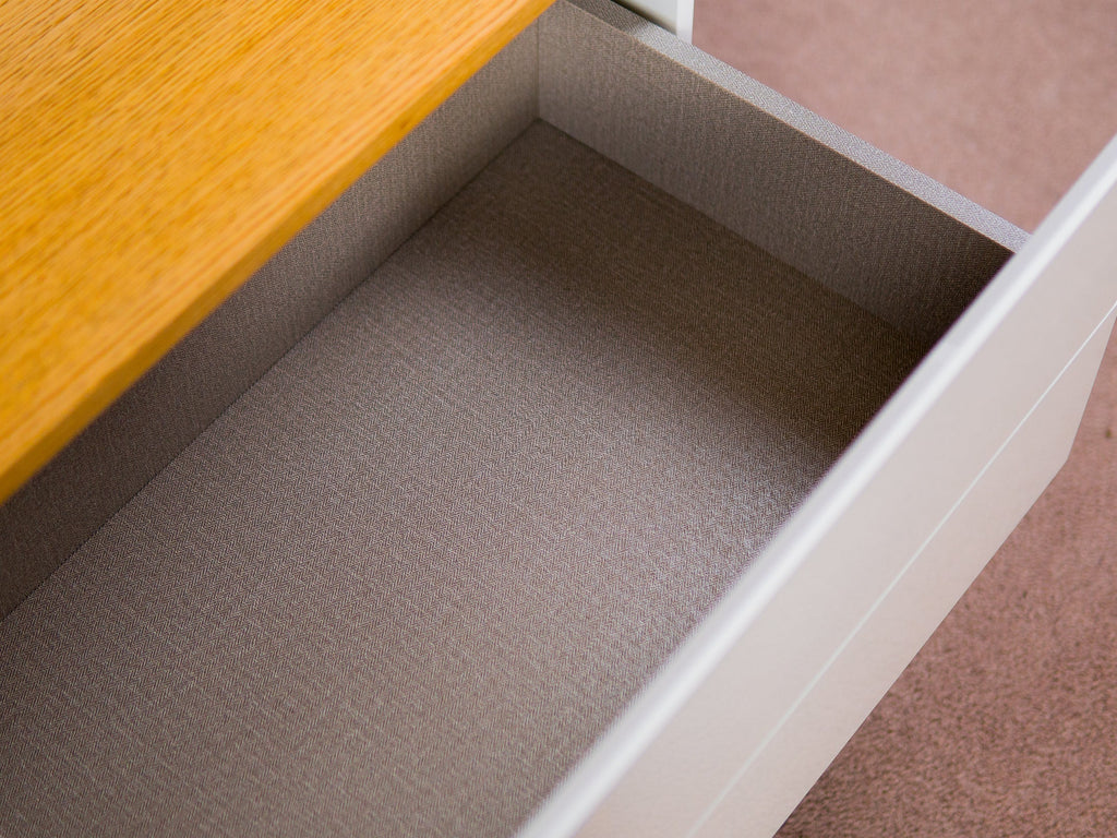 White & Oak Console TV Stand with Structured Drawers for Living Room